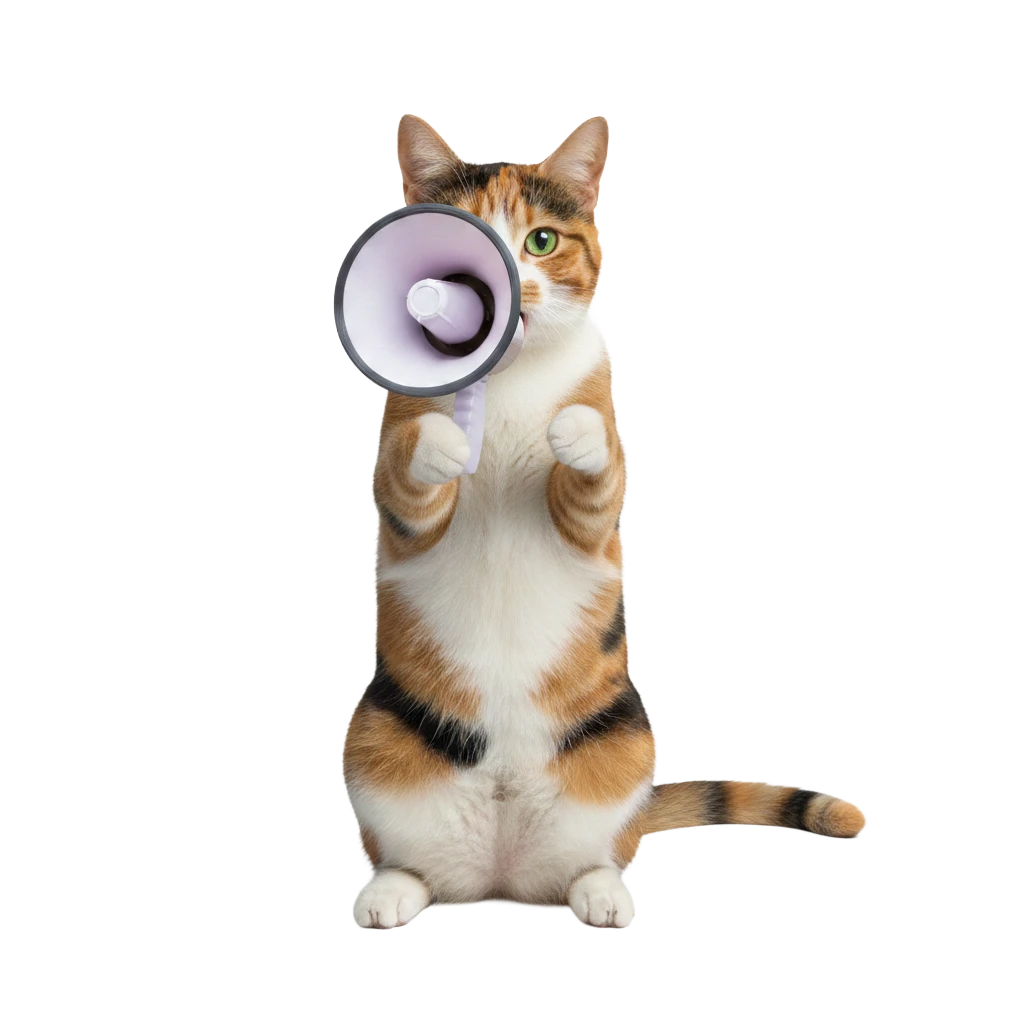 拡声器を使って大声で宣伝・応援している三毛猫のイラスト