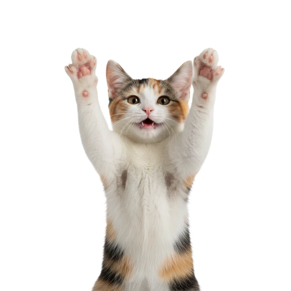成功して嬉しそうにバンザイをする三毛猫のイラスト