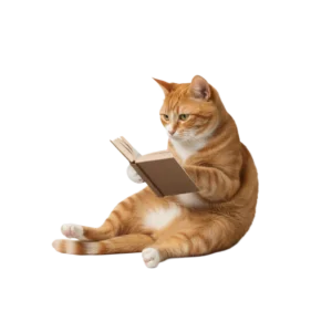 真剣な表情で本や書類を読んでいる茶トラ猫のイラスト