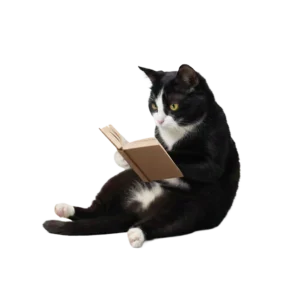 真剣な表情で本や書類を読んでいるハチワレ猫のイラスト