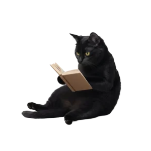 真剣な表情で本や書類を読んでいる黒猫のイラスト