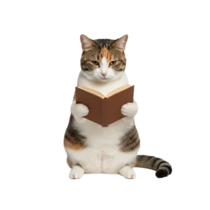 真剣な表情で本や書類を読んでいる三毛猫のイラスト