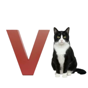 大きな「V」のオブジェと並ぶ猫猫のイラスト