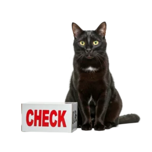 「CHECK」と書かれた看板と並ぶ猫猫のイラスト
