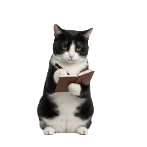 ペンを持ってメモを書いているハチワレ猫のイラスト