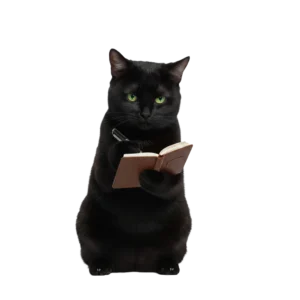 ペンを持ってメモを書いている黒猫のイラスト