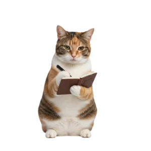 ペンを持ってメモを書いている三毛猫のイラスト