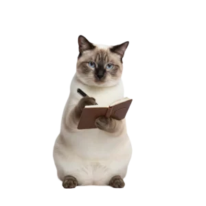 ペンを持ってメモを書いているシャム猫のイラスト