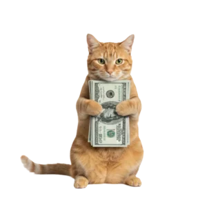 お金を大事そうに抱えている茶トラ猫のイラスト