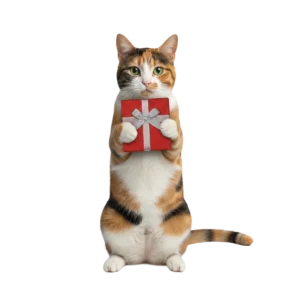 リボンのついたプレゼント箱を差し出す三毛猫のイラスト